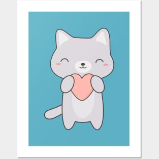 Kawaii Cute Gray Cat T-Shirt Posters and Art